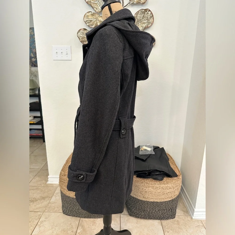 Liz Claiborne Dark Gray Wool Blend Hooded Coat Trench Jacket XL - Picture 4 of 8
